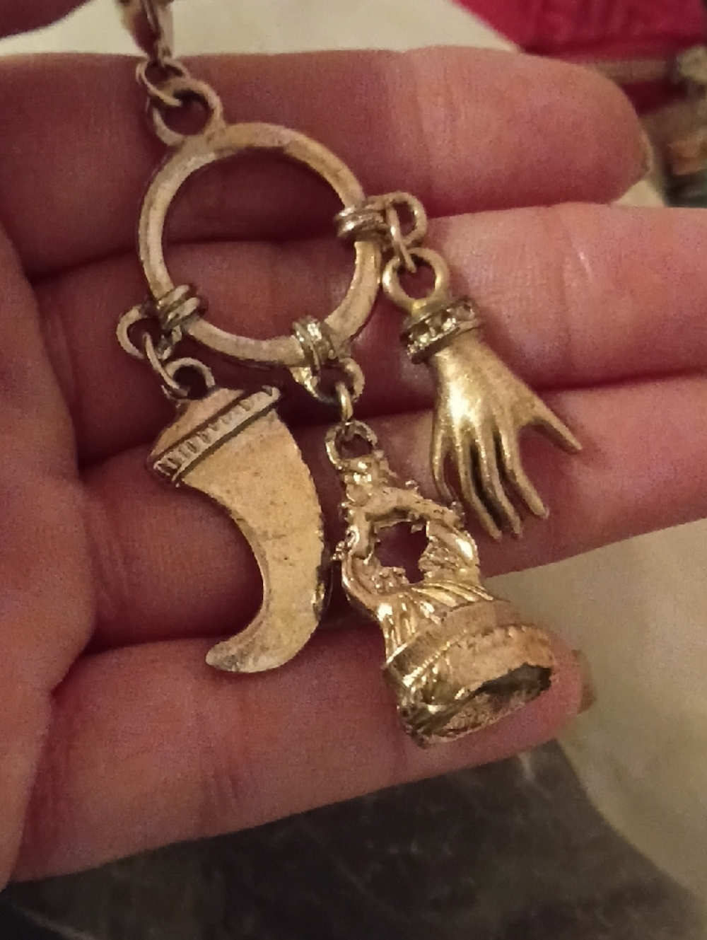 Vintage Gold-Tone Charm Keychain with Horn, Hand & Figure